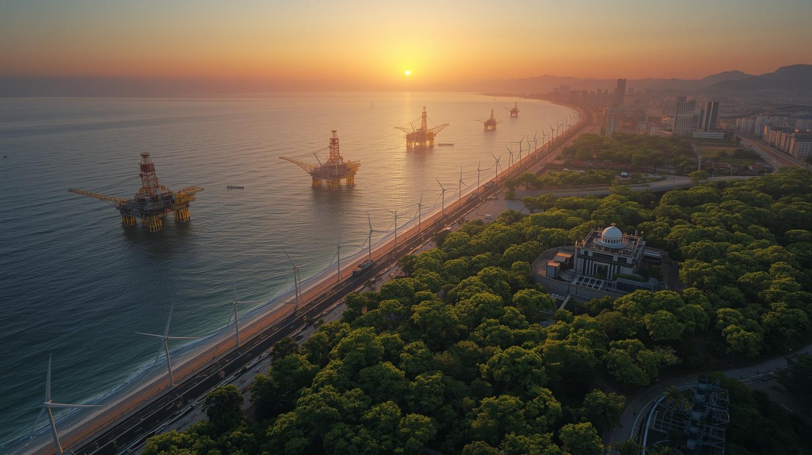 Plataformas offshore de petróleo e turbinas eólicas ao pôr do sol — convergência entre energia tradicional e renovável